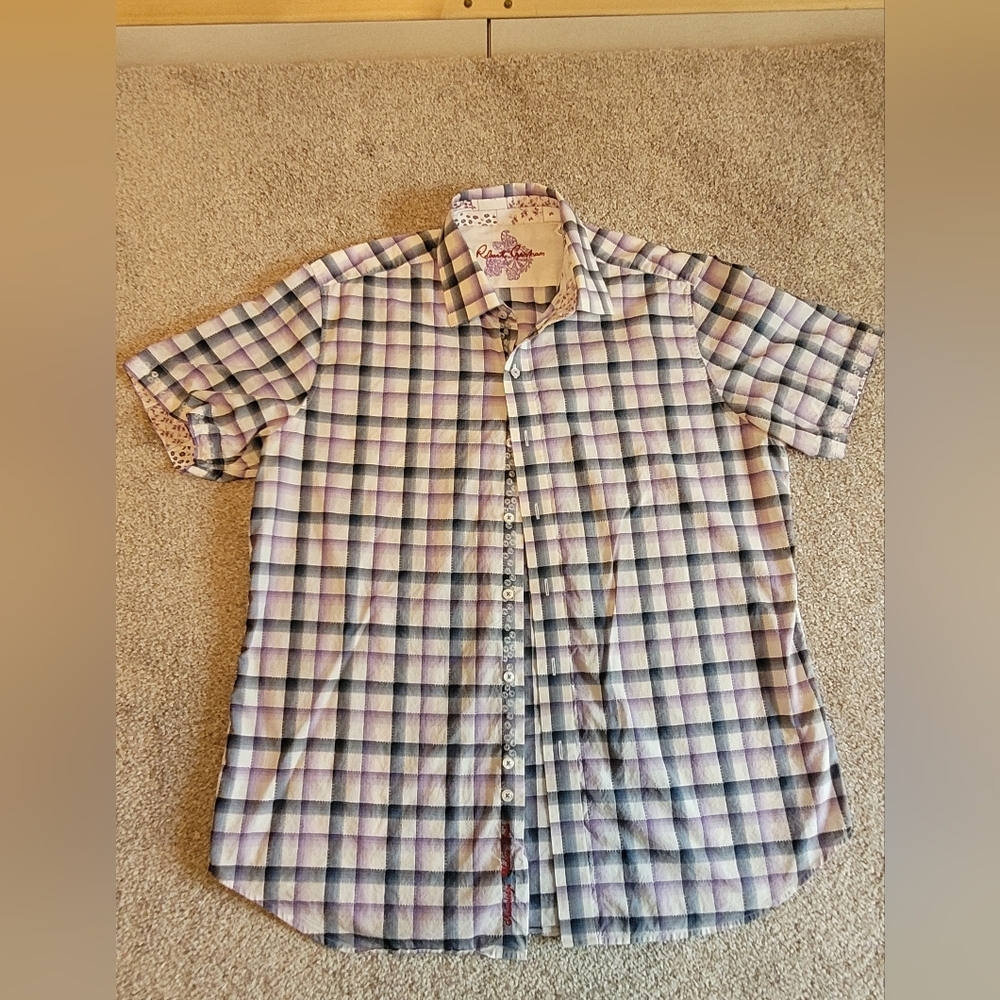 Robert Graham Purple And White Short Sleeved Button Up Plaid Shirt